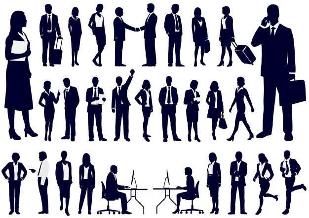 Set Of Business People Silhouettes In Action Vector Illustration Isolated On A White Background