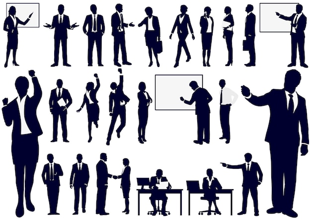 Free vector set of business people silhouettes in action vector illustration isolated on a white background