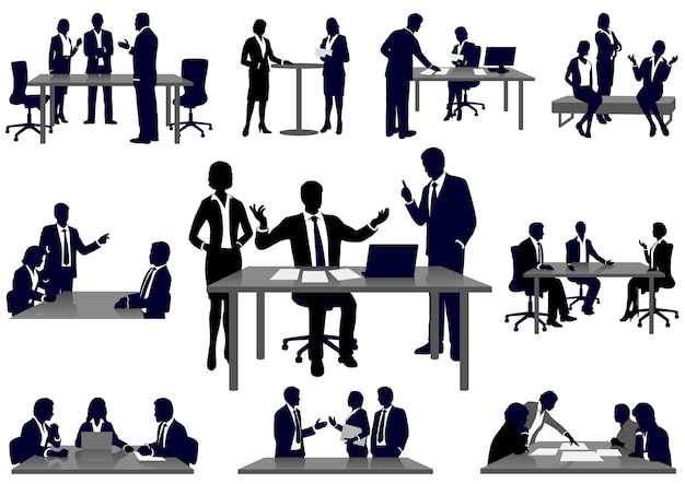 Free Vector set of business people silhouettes in action vector illustration isolated on a white background