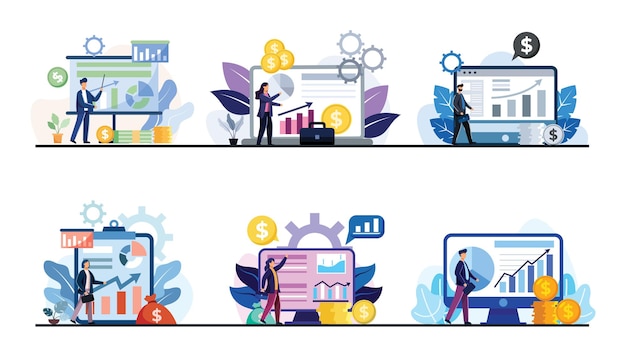 Free vector set of business and transactions with charts showing operating results on computer monitors and screens. business concept flat design illustration