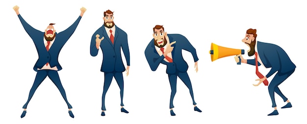 Set of businessman in suit with various emotional in cartoon character vector