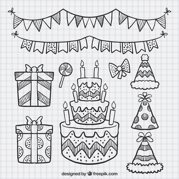 Set of cake sketches and birthday elements