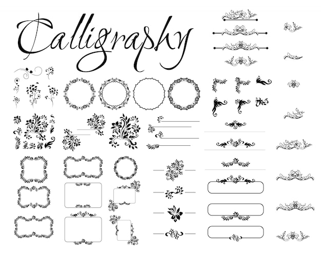 Set of calligraphic design elements, page decor, dividers and ornate headpieces. Rome style calligraphy.