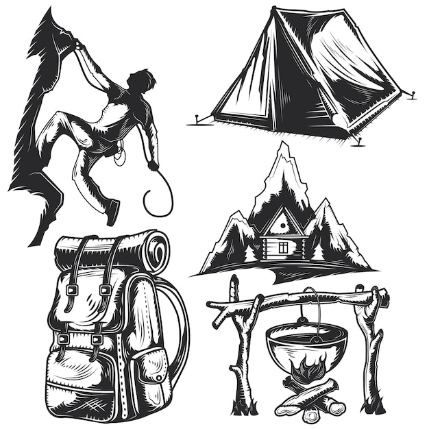 Set of camping elements for creating your own badges, logos, labels, posters etc.