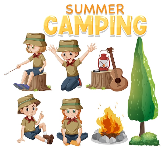 Free Vector set of camping kids cartoon character