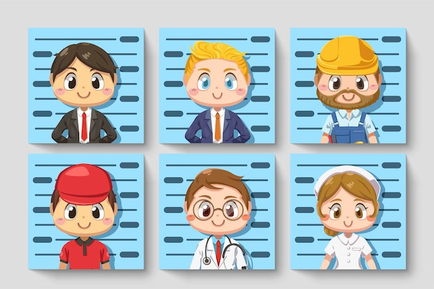 Free vector set card of people in various occupations take a photo of id in cartoon character,  isolated flat illustration