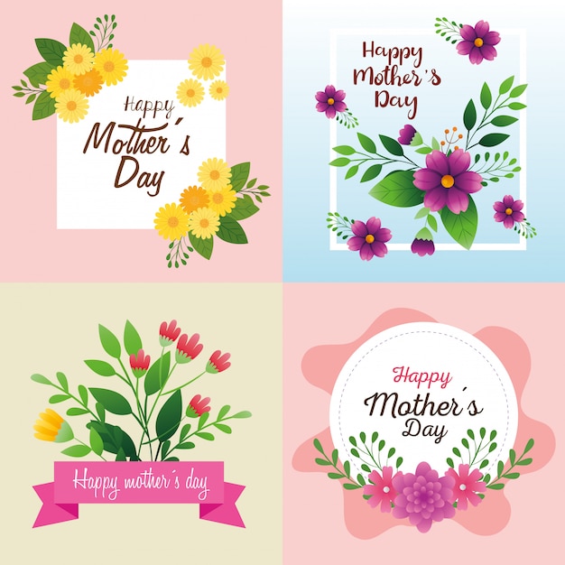 Set cards of happy mother day with flowers decoration