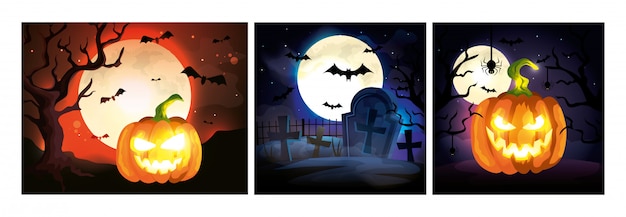 Free Vector set cards with halloween scenes