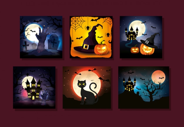 Set cards with halloween scenes