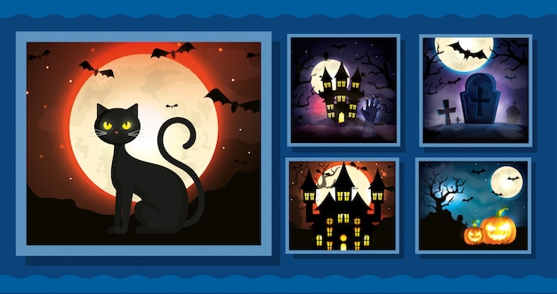 Set cards with halloween scenes