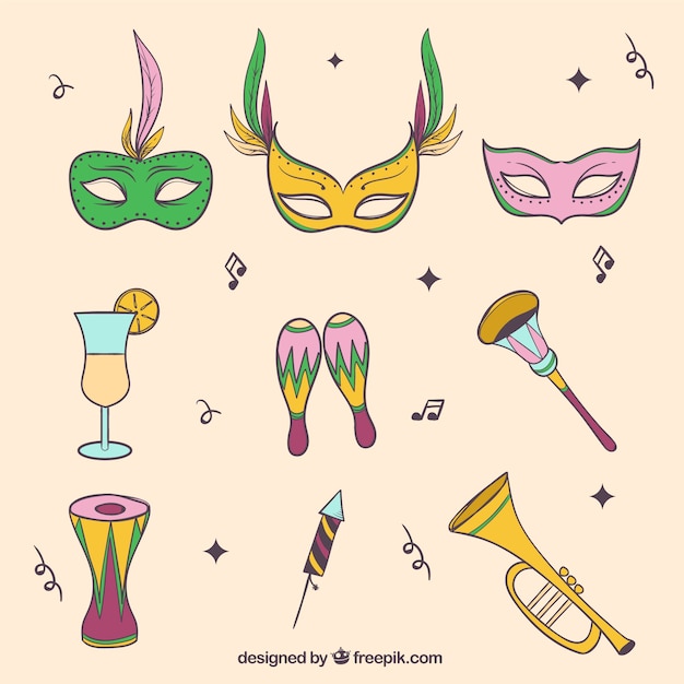 Set of carnival masks and hand drawn objects