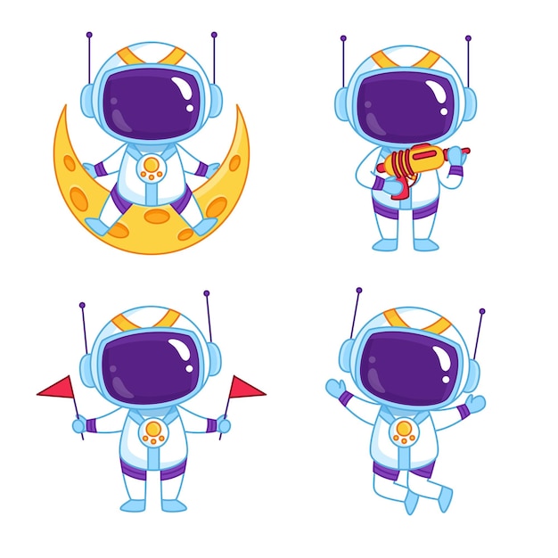 Set of cartoon astronaut character holding red flags and pistol, sitting on crescent and greeting