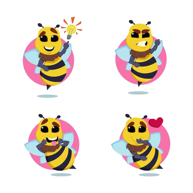 Free Vector set of cartoon bee character having creative idea, getting angry, fooling, falling in love