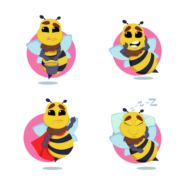 Free Vector set of cartoon bee character sleeping, holding bucket of honey, wearing superhero robe