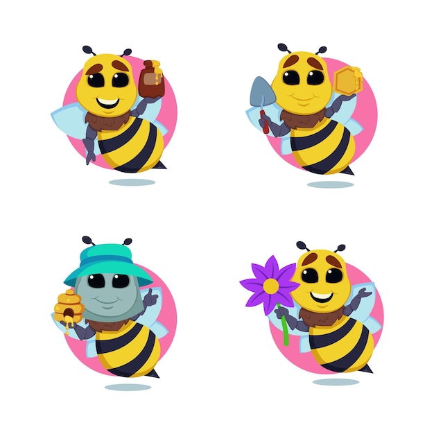 Set of cartoon bee character with flower, honey barrel, hive and honeycomb