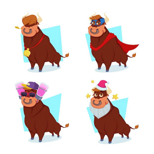 Free Vector set of cartoon bull character wearing superhero robe, eye mask, bell and sunglasses