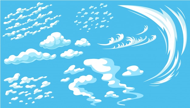 Free Vector set of cartoon clouds in blue panorama sky.