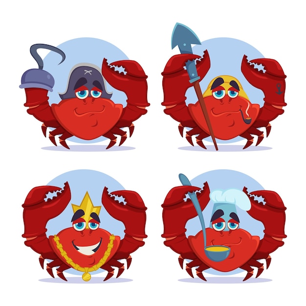 Free vector set of cartoon crab character cooking, winning competition, wearing pirate and smoking pipe