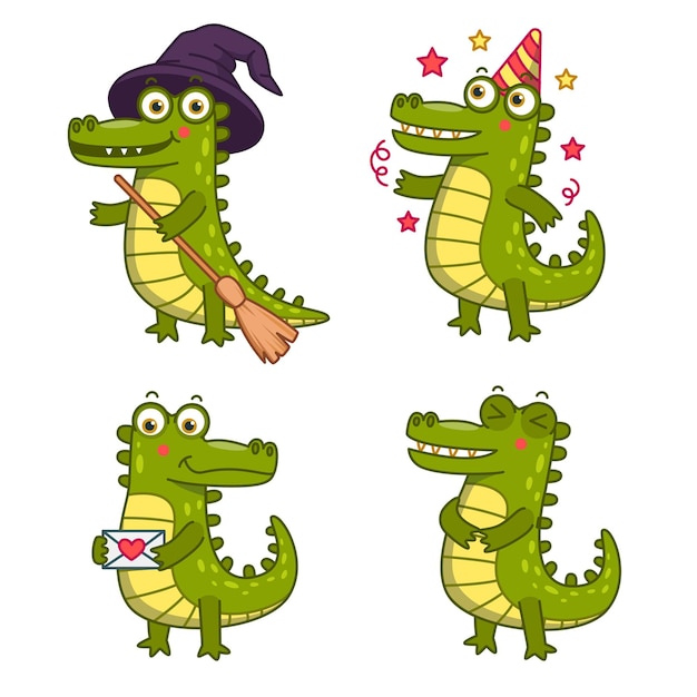 Free vector set of cartoon crocodile character celebrating, receiving love letter, holding witches broom and hat