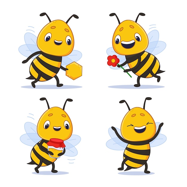 Set of cartoon happy bee holding flower jar of honey and honeycomb