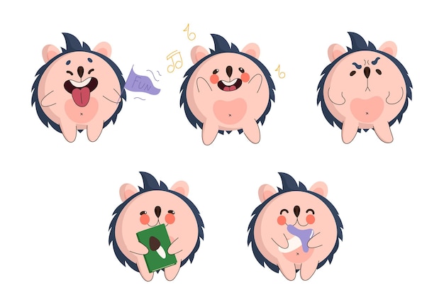 Free Vector set of cartoon hedgehock character falling in love, eating apple, receiving bouquet of flowers