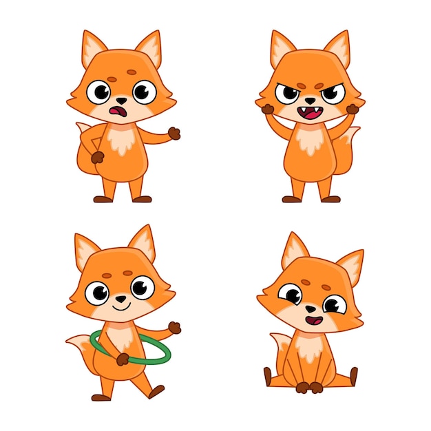 Free vector set of cartoon lovely fox character getting angry, hooping, smiling, shocked