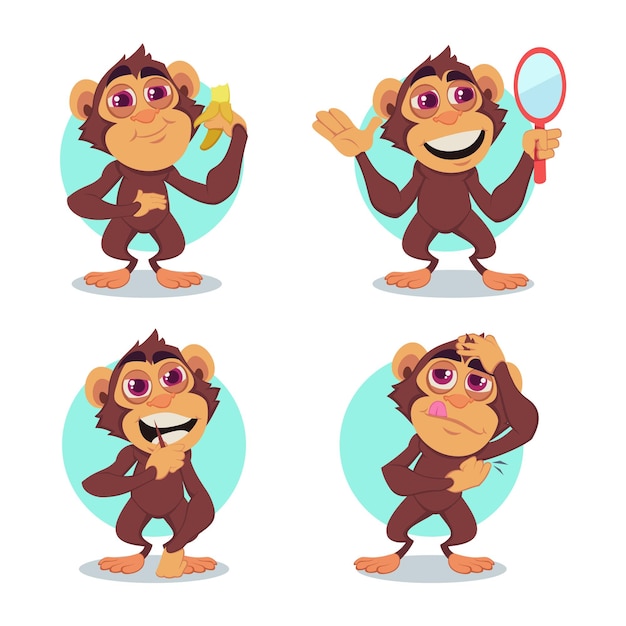 Free Vector set of cartoon monkey character eating banana, thinking and looking at mirror