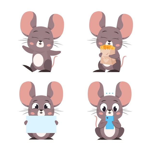 Free Vector set of cartoon mouse character using phone, holding bag of cheese slices and blank banner