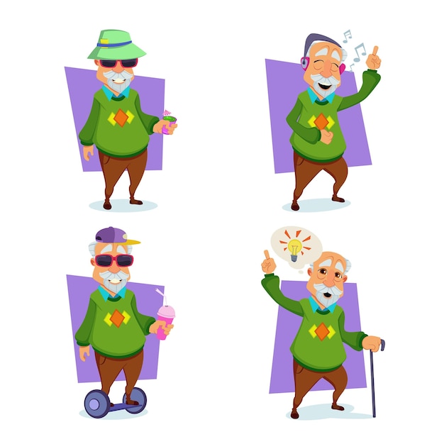 Free vector set of cartoon old man having creative idea, listening to music on headphones, riding gyro scooter