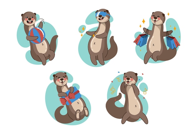 Free vector set of cartoon otter character receiving gift card, holding shopping bags, playing ball and dancing