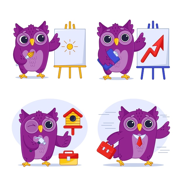 Free Vector set of cartoon owl going to work drawing on easel building birdhouse analyzing statistics