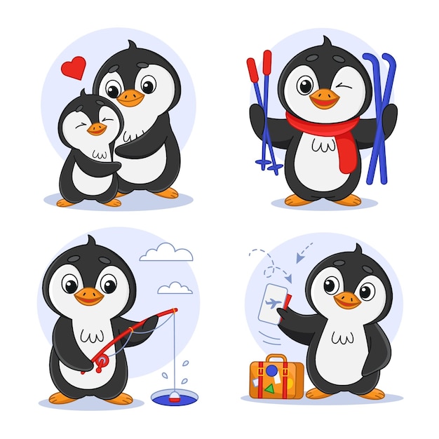 Set of cartoon penguin character hugging with mother traveling fishing and skiing