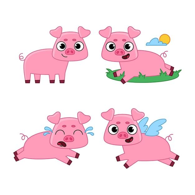 Set of cartoon piglet character basking in sun, crying, flying on wings, lying on grass