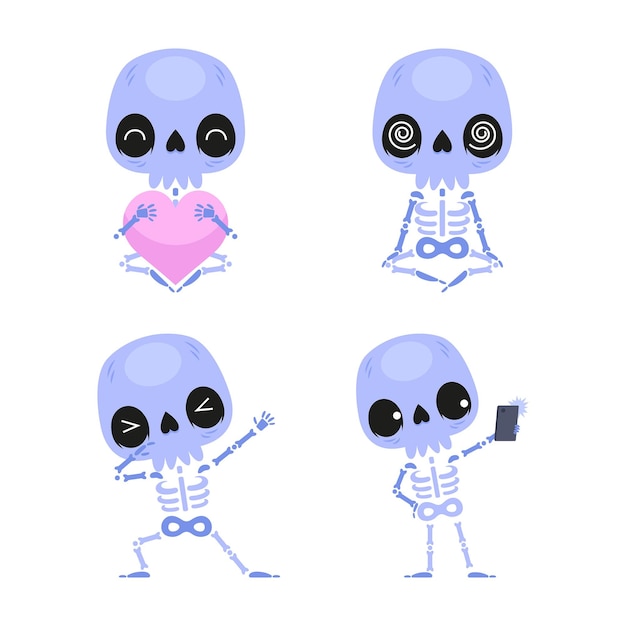 Free vector set of cartoon skeleton character meditating, holding heart, taking selfie and dancing