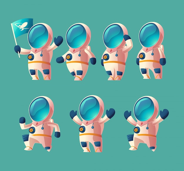 Free Vector set of cartoon spaceman kid, moving cosmonaut in spacesuit