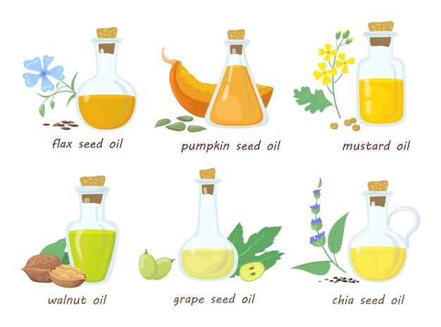 Free Vector set of cartoon vegetable virgin oils in glass jars. flat illustration.