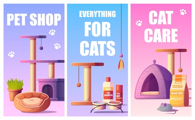 Free Vector set of cartoon vertical banners for pet shop with goods for cats isolated vector illustration