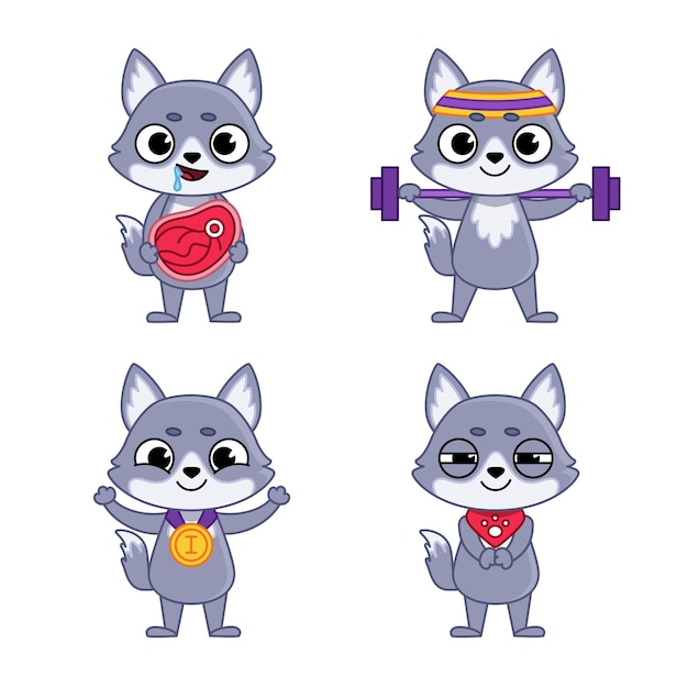 Free Vector set of cartoon wolf character eating meat, lifting dumbbell, getting gold medal