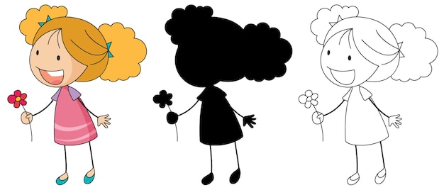 A set of characters in color, silhouette and outline