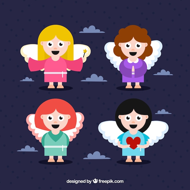 Set of cheerful angels in flat design