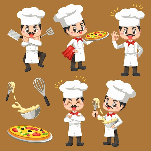 Free Vector set of chef man making the bakery in cartoon character, mascot in illustration design for culinary business logo