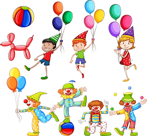 Set of children and clowns with balloons