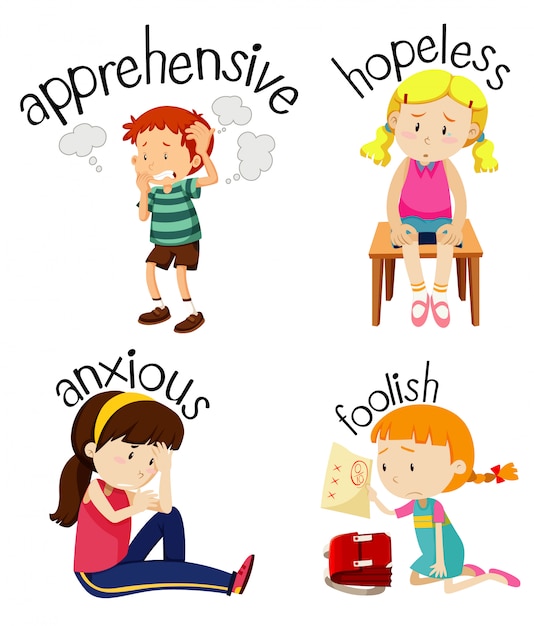 Set of children doing activities with adjectives