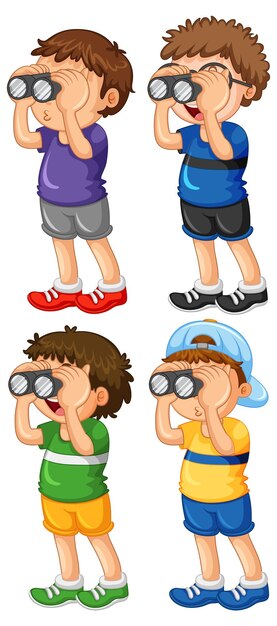 Set of children look through binoculars