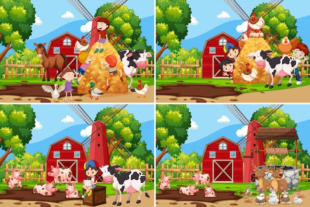 Free Vector set of children playing at farm