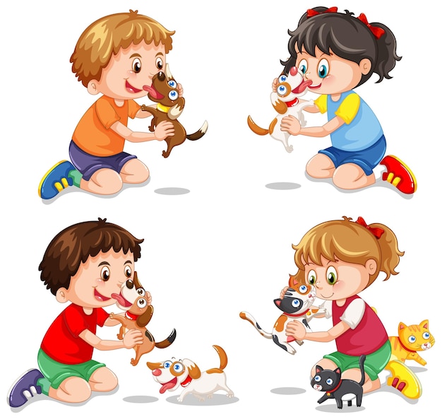 Free Vector set of children playing with their dogs