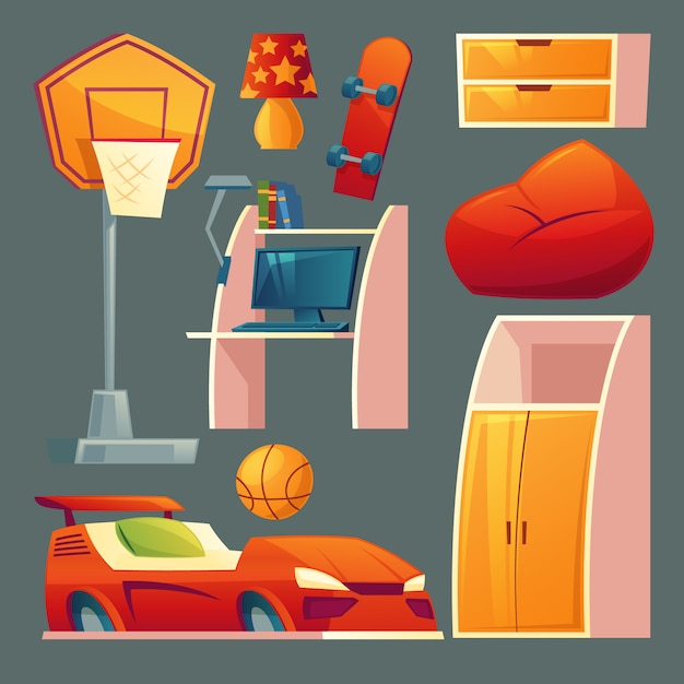 Free Vector set of children s bedroom - furniture, toys for boy room.