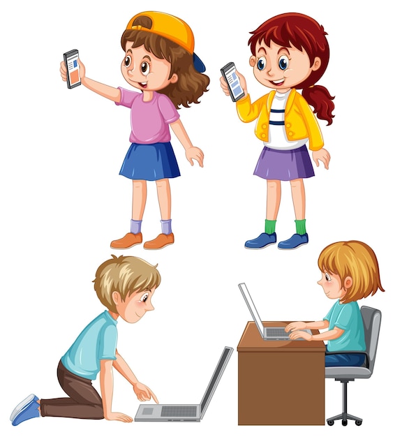 Free Vector set of children using laptop