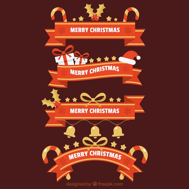 Free Vector set of christmas red ribbons with golden details