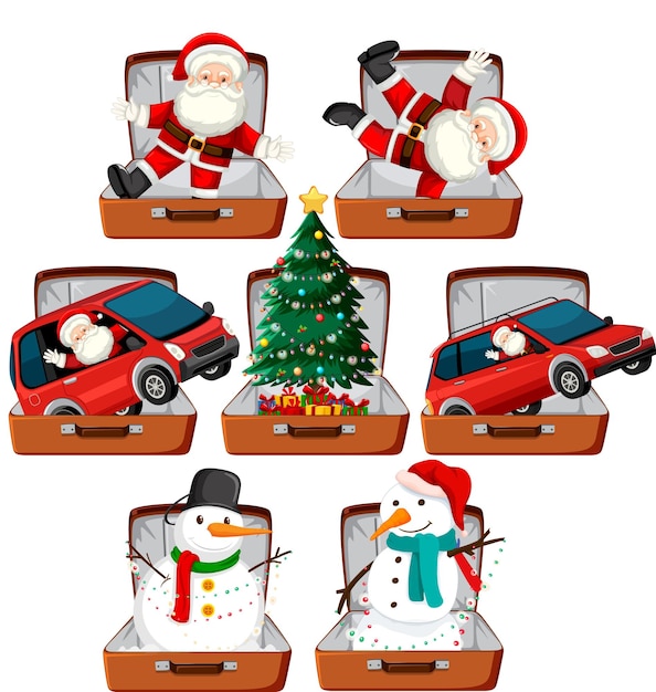 Free Vector set of christmas theme with santa snowman christmas tree in th